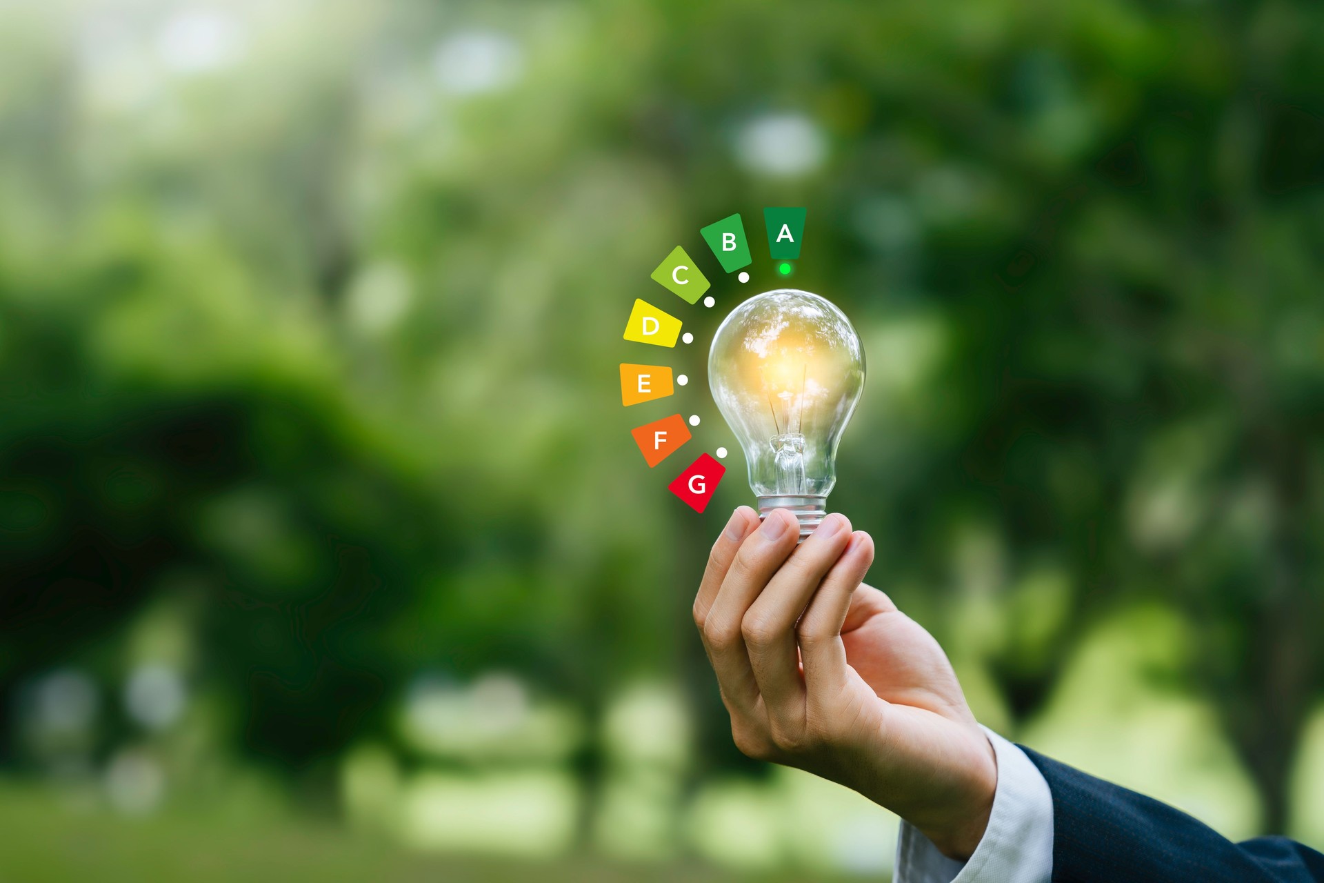 Efficacité énergétique de la maison ou taux d’économie d’énergie pour réduire l’empreinte carbone. Ampoule à main avec concept de classe d’évaluation économe en énergie pour économiser de l’énergie verte sur fond de nature verte.